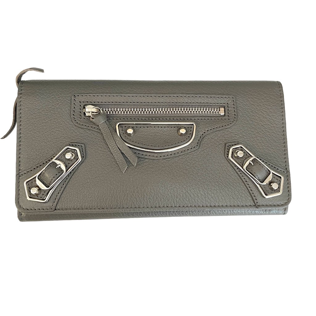 Balenciaga 390184 Classic Metallic Flap Medium Gray Leather Wallet